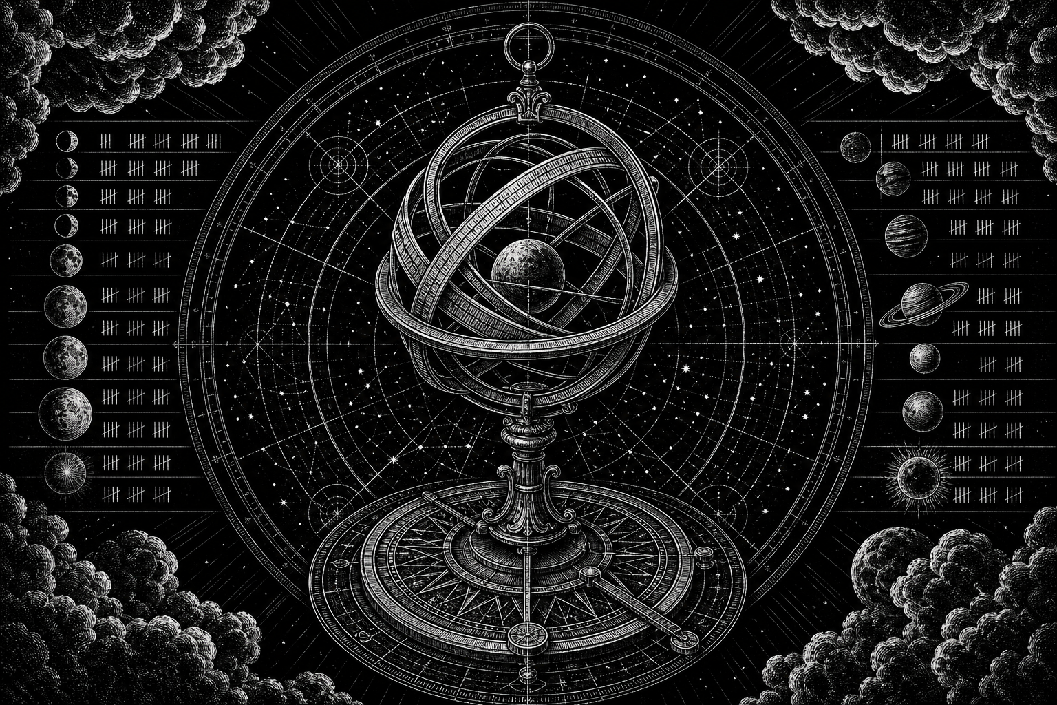 Engraved astrolabe and star chart used as a celestial counting engine