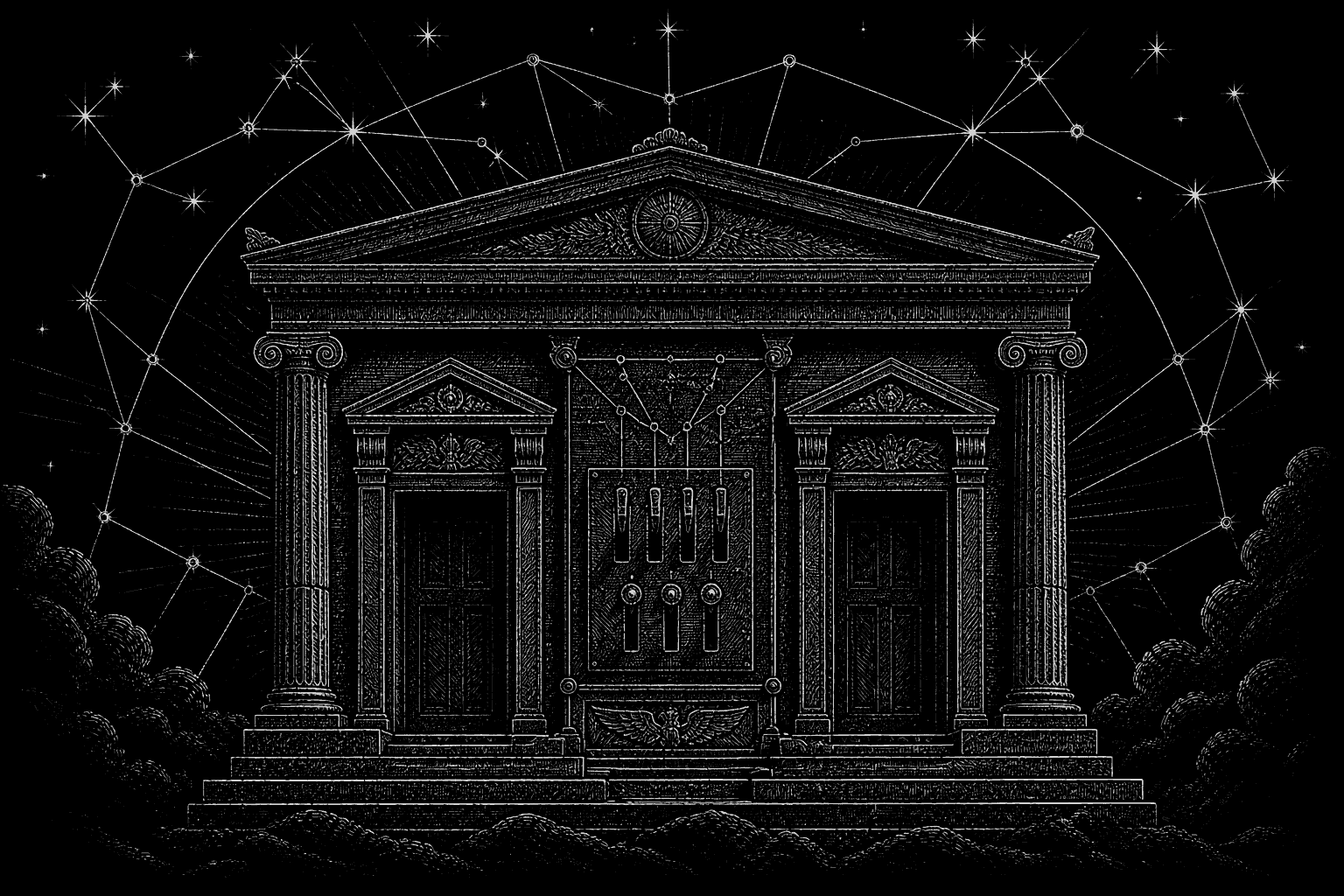 Engraved twin temple portals joined by one control-plane switchboard