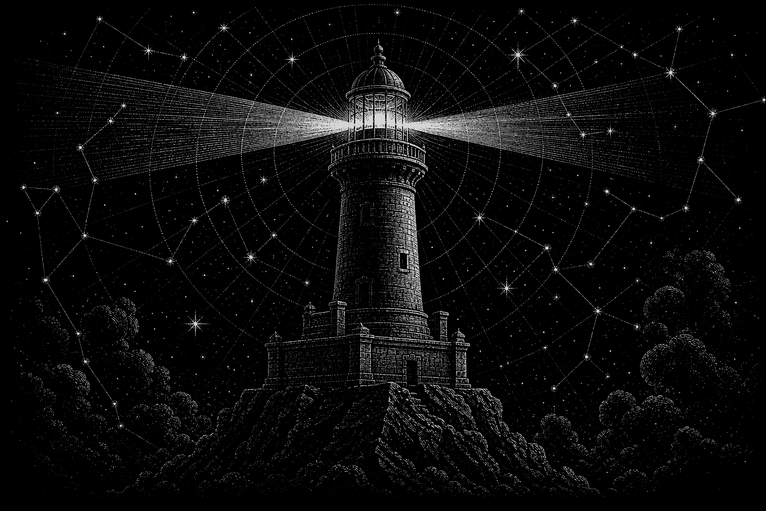 Engraved lighthouse beacon sweeping a celestial measurement grid