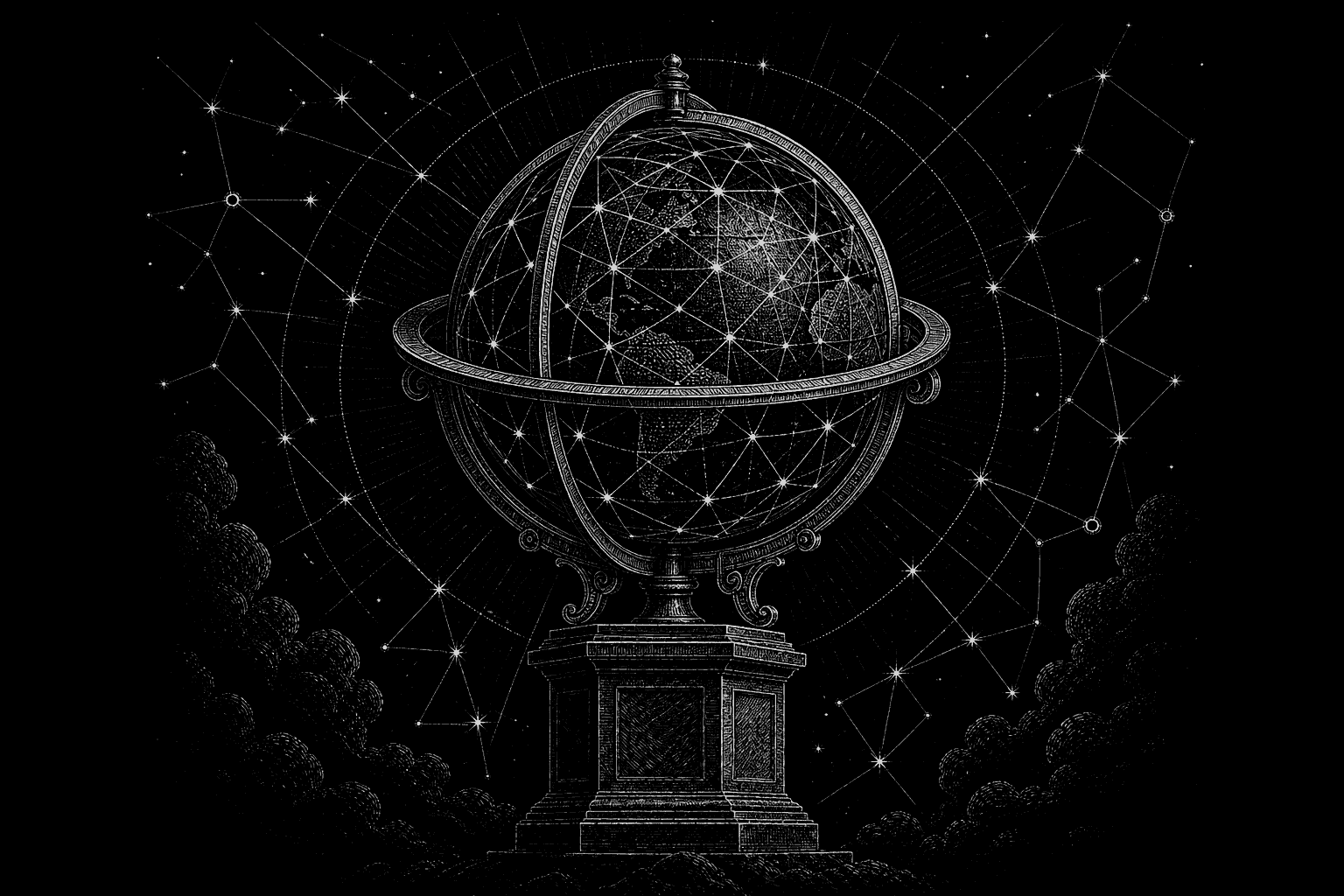 Engraved armillary globe with an edge network of star nodes