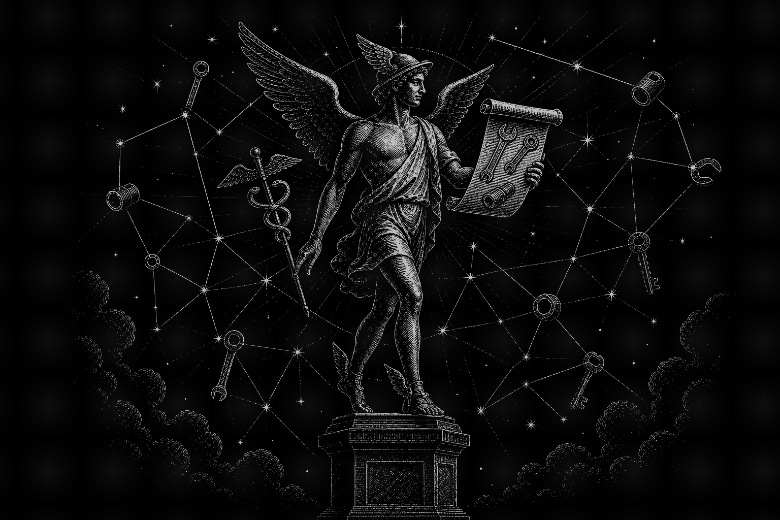 Engraved Hermes with a tool scroll and constellation of implements