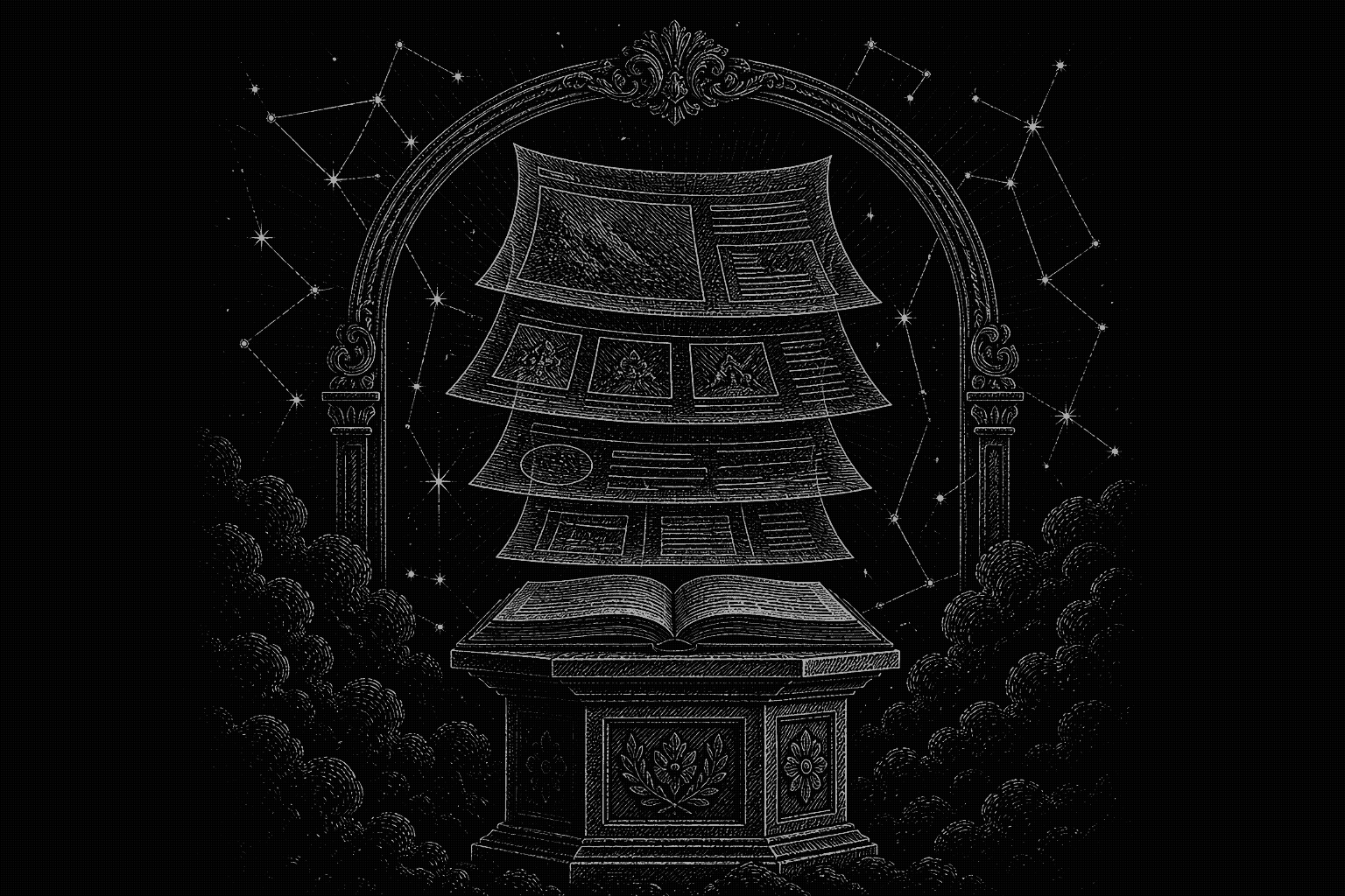 Engraved stone tablet with layered manuscript pages in a window frame